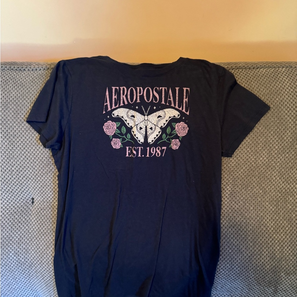 Aeropostale Black Tee with Butterfly and Floral Design